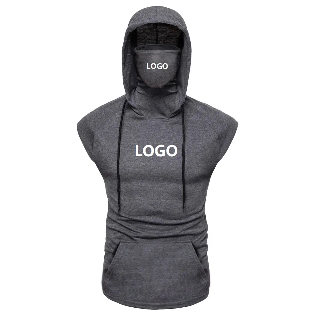 OEM T Shirt Dropshipping toptan Logo % 65% pamuk spor moda kapşonlu erkekler özel T Shirt kollu Hoodie yüz maskesi