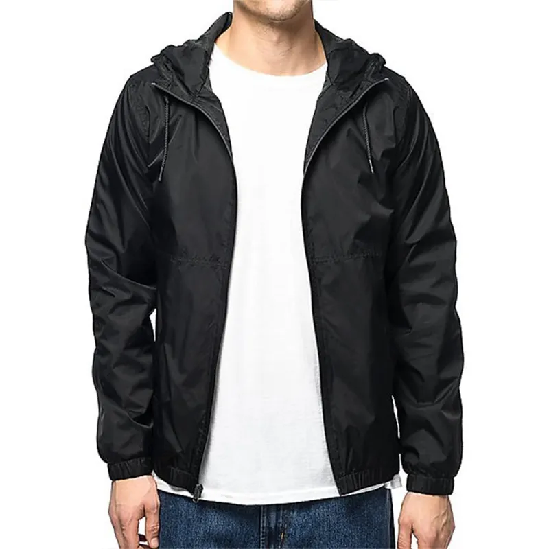 OEM Custom Waterproof and Windproof Outdoor Jackets Running Black Hooded Windbreaker Jacket For Men