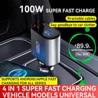 Chargeurs IBD 4 en 1 Câbles rétractables de voiture et Port Usb c PD 12v Charge rapide 60w 100W 120W Chargeur de voiture pour téléphone iPhone