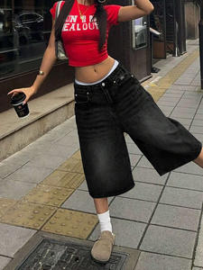 Commercio estero transfrontaliero <span class=keywords><strong>pantaloni</strong></span> corti americani in Denim retrò per <span class=keywords><strong>donna</strong></span> <span class=keywords><strong>pantaloni</strong></span> alla moda strappati <span class=keywords><strong>neri</strong></span> a gamba larga di media lunghezza - Product Image 2