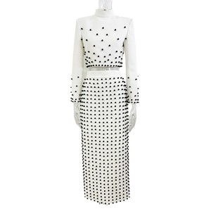 White Beautiful Spring Autumn Formal Luxury <b>Tops</b> <b>Skirt</b> <b>Set</b> Pearl Crystal Beading Stand <b>Long</b> Sleeve Eco-friendly Two Pieces <b>Set</b> - Product Image 4
