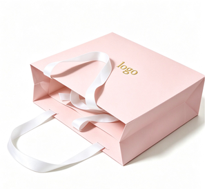 Pink Rectangle Paper Bag With White Ribbon Handle Gold Logo Printing Luxury Reusable Shopping Gift Packaging - Product Image 2