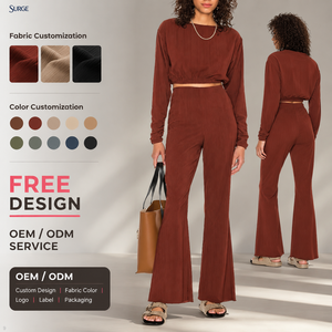 Completi Due Pezzi da Donna all'Ingrosso: Top Corto <span class=keywords><strong>a</strong></span> Costine con Collo Rotondo e <span class=keywords><strong>Pantaloni</strong></span> <span class=keywords><strong>a</strong></span> Vita Alta <span class=keywords><strong>a</strong></span> Gamba Larga, 99% Poliestere 1% Spandex, Colore Marrone Ruggine - Product Image 1