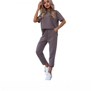 Ensemble décontracté 2 pièces pour femme, couleur unie, manches courtes, pantalon court, tailles SMLXLXXLXXXL4XL5XL, gris foncé, chocolat, abricot - Product Image 3