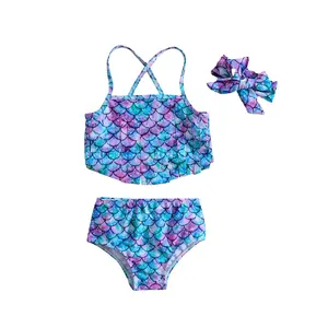 Ensemble de bain 3 pièces pour fille, maillot de bain imprimé sirène, bébé fille, nœud papillon, piscine mignonne, bikini de plage croisé dans le dos