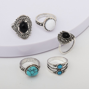 Juego de Anillos de Moda, 5 Piezas, Turquesa, Negro, Blanco, con Incrustaciones de Piedras, Unisex, Regalo, Joyería - Product Image 3
