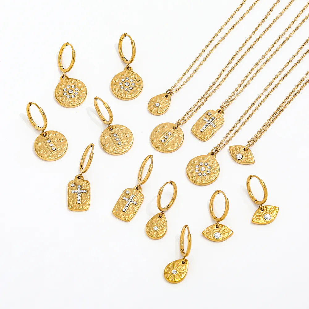 Joolim 18K Gold Plated Stainless Steel Cross Eye Waterdrop Star Coin Pendant Necklace and Earring Set Fashion Jewelry