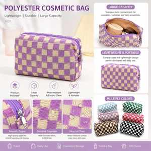 Sac de toilette pliable à fermeture éclair en tissu non tissé écologique à carreaux vintage, organiseur de maquillage de voyage, grande capacité, portable - Product Image 5
