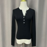 T-shirt décontracté en coton tricoté à manches longues pour femme SUHE TS-016, couleur unie, imprimé feuille métallisée sur le devant, idéal pour l'été et le quotidien