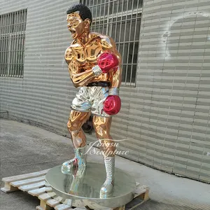 Estátua de boxer em fibra de vidro em tamanho real para decoração de interiores, pessoas famosas, galvanoplastia colorida