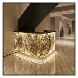 Contemporary Polished Stone Reception <b>Desk</b> With Gold Vein Pattern Entry Design - Product Image 4