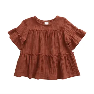 New fashion boutique vestiti per bambini maniche corte solid ruffles 100% cotone neonata top