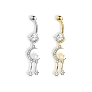 Trendy Gold Plated Moon Star Dangle Navel Ring Crystal Belly Piercing Jewelry