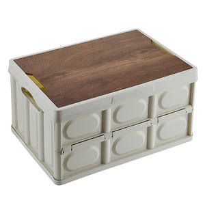 Plastic Storage Collapsible Container Foldable storage BoxTote Bins with Lid with wooden lid