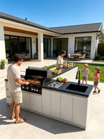Îlot de cuisine extérieur gris clair moderne avec barbecue à gaz 5 brûleurs, plaque de cuisson 2 brûleurs, évier et plateau en acier inoxydable – Prêt pour les fêtes