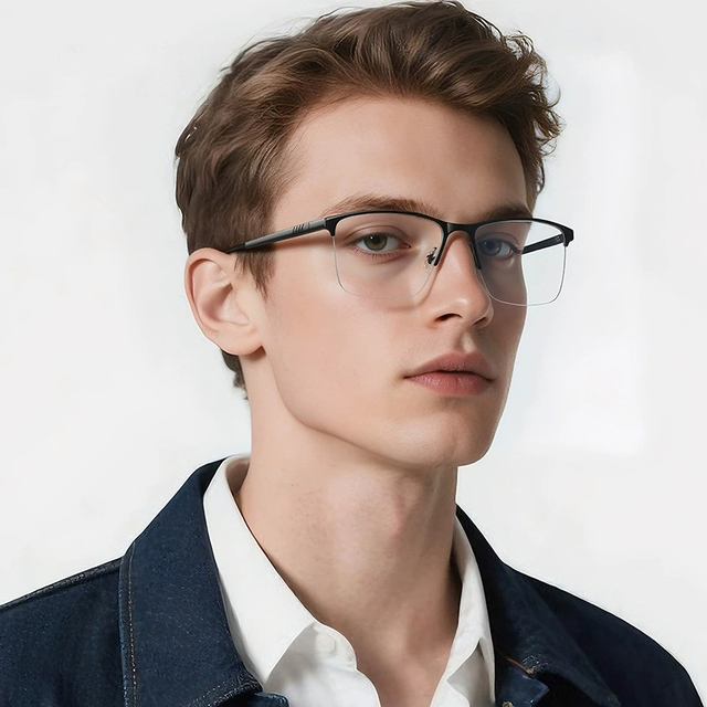 Partagas Wholesale Custom Logo Semi Rimless Metal Spring Hinge Anti Blue Light Eyeglasses Optical Spectacle Frame for Men
