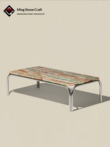 Tavolino da Caffè Rettangolare in Stile Italiano Nordico Minimalista, con Telaio in Metallo e Marmo Naturale Blu Antico, per Soggiorno - Product Image 1