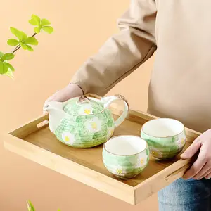 Peralatan minum rumah tangga gaya Jepang, cetak bunga tanah liat warna-warni set teh keramik Cina dengan teko porselen