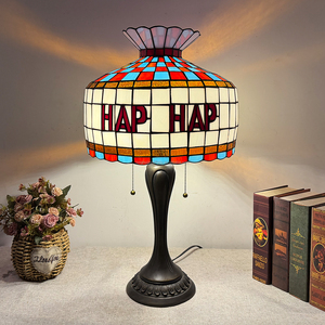 14 Inch HAP Letter Stained Glass <b>Table</b> Lamp Tiffany Hand Soldered Glass Shade Vintage Pull Chain Desk Lamp E26 E27 for Bedroom <b>C</b> - Product Image 4