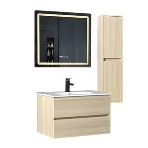 Tocador de baño de montaje en pared de lujo moderno de Venta caliente con espejo Led lavabo de cerámica individual y tocadores de baño de gabinete lateral