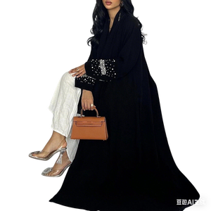 Abaya noire ornée de strass, col en V, modeste, ouverte sur le devant, manches longues, ODM, tenue de soirée islamique de luxe - Product Image 5
