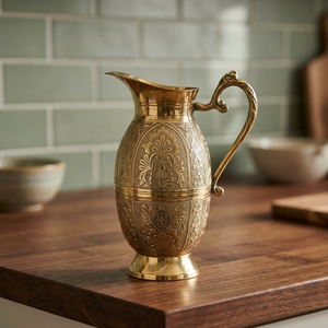 Pot à eau en métal oriental avec poignée, finition dorée, pichet décoratif sans couvercle - Product Image 6