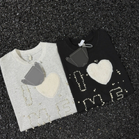 Camiseta de Alta Calidad, Estilo Urbano, Lujosa, Oversize, 180gsm, 100% Algodón Tejido, con Cuentas, Transpirable, Cuello Redondo, Manga Corta, Diseño 3D en Forma de Corazón