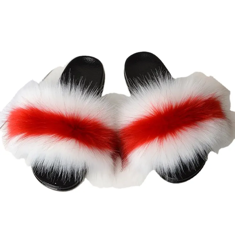 Donne faux fox fur fluffy lady raccoon fur slides winter warm home slipper furry flip flop pantofole di pelliccia da donna