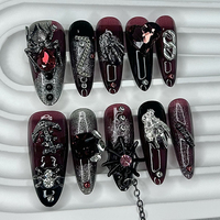 GIOIO 1 ensemble de faux ongles faits à la main en ABS, ovales, rouge/noir, toile d'araignée, paillettes, luxe, style gothique sombre, pour Halloween