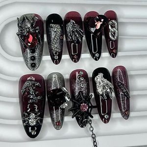 ชุดทำเล็บปลอมสำเร็จรูป 1 ชุด วัสดุ ABS สำหรับฮาโลวีน รูปทรงวงรี สีแดงดำ ลายใยแมงมุม กลิตเตอร์หรูหรา สไตล์โกธิคสีเข้ม ถอดออกได้ - Product Image 2