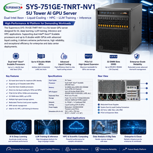 Serveur Tour Supermicro Sys-751ge-tnrt-nv1 5U pour IA et GPU, double processeur Xeon, refroidissement optimisé, plateforme HPC pour l'apprentissage et l'inferencement (LLM) Sys-751ge-tnrt-nv1 - Product Image 1