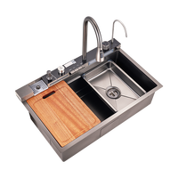 Fregadero de Cocina de Acero Inoxidable 304 Hecho a Mano, Lavador de Tazas Automático de Una Pieza, Pantalla Digital Tipo Piano, Grifo de Doble Cascada, Nano Negro