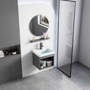 Mueble de Baño Moderno de Aluminio Espacial, Colgante de Pared, con <span class=keywords><strong>Lavabo</strong></span> de Piedra Sinterizada, Espejo Inteligente Antivaho e Impermeable, Gris, para Hotel - Product Image 3
