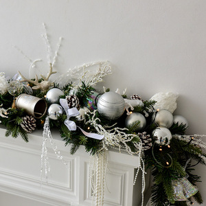 LINGKAI <b>Silver</b> White Christmas Garland Pre-lit Artificial Pine Greenery With Baubles Pinecones for Fireplace Decor - Product Image 1