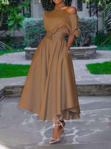 Abito Casual da donna taglie forti allentato con spalle scoperte tasca manica corta elastico in vita tinta unita moda Casual da donna - Product Image 3