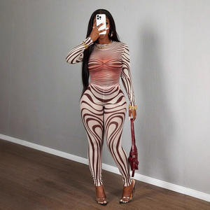 PEEQI TZ1288 Nuovo Completo Casual da <span class=keywords><strong>Donna</strong></span> Stile Streetwear <span class=keywords><strong>Sexy</strong></span> Top a Maniche Lunghe Stampato e Pantaloni Slim Fit Set Due Pezzi Moda Femminile - Product Image 1