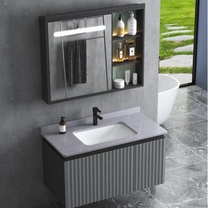 Conjunto de tocador inteligente para baño CR de 90 cm, color gris, con espejo LED y lavabo integrado de cerámica - Product Image 1