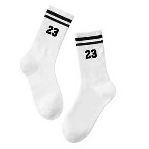 Chaussettes de sport en coton OEM Designer à faible MOQ, vente en gros, numéros 23, rayées blanches, athlétiques, montantes, personnalisables pour équipes, respirantes, pour le tennis - Product Image 1