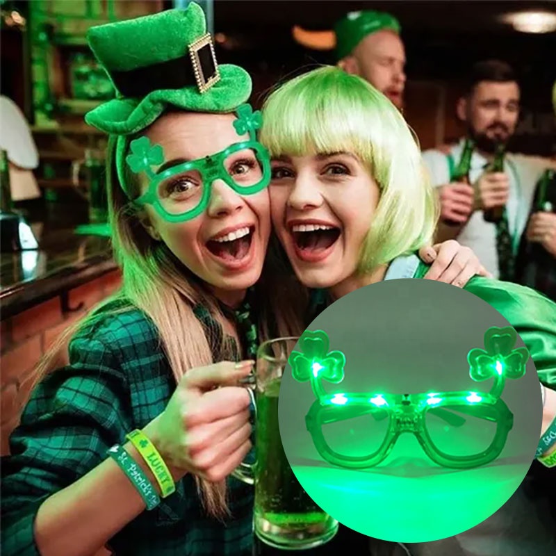 St Patrick's Day Party Decorations LED Glitter Shamrock Glasses 6 Green LEDs Flashing Glow-in-the-Dark Sunglasses Battery Power