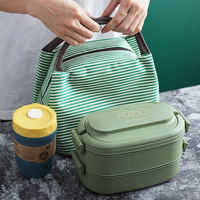 OWNSWING Boîte à lunch en plastique PP Boîte à lunch 2 couches avec couverts et bouteille isolée Boîtes à lunch Bento étanches Ensemble de sacs