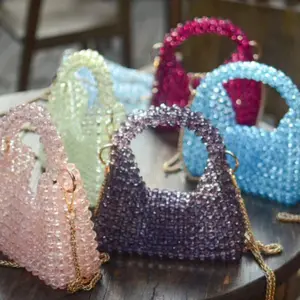 Aanpasbare Handgemaakte Kralen Tas Populaire Effen Kleur Crystal Avond Kralen Handtas Voor Vrouwen