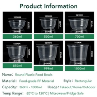 Vente en gros de bols en plastique jetables ronds de qualité alimentaire PP sans BPA, résistants aux micro-ondes, étanches, avec couvercle, 500 ml, 1000 ml, 32 oz