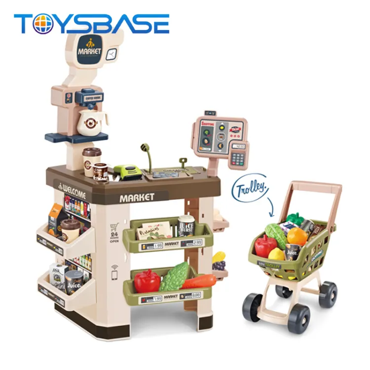 Set Supermarket Mainan Belanja Mewah, Mesin Kartu Kasir dan Semprotan Kulkas dengan Pemindai Isi Ulang Daya