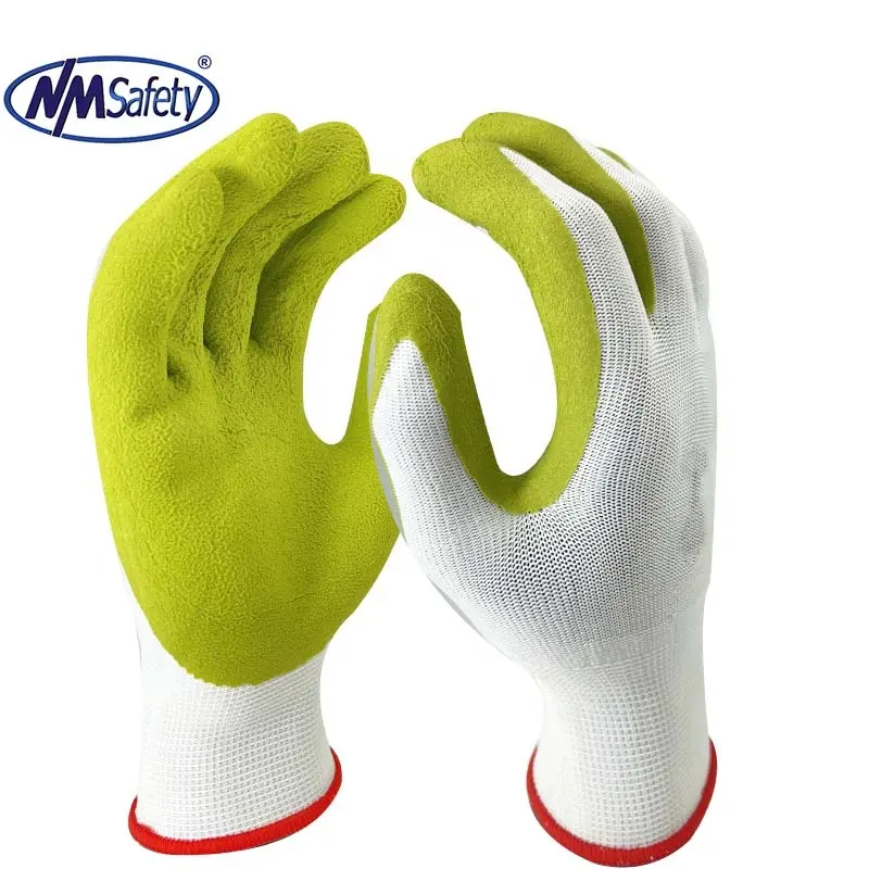 NMSAFETY 13 gauge weiß polyester liner beschichtet senf grün schaum latex auf palm arbeit handschuhe EN388 2016
