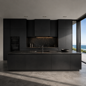 Gabinetes <span class=keywords><strong>de</strong></span> Cocina Modernos Minimalistas con <span class=keywords><strong>Isla</strong></span> Negra, Encimera <span class=keywords><strong>de</strong></span> Mármol y Almacenamiento sin Tiradores - Product Image 5