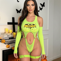 Ensemble de lingerie d'Halloween en gros pour femme, body teddy érotique vert fluorescent à imprimé chauve-souris et lettres, ajouré, avec manches