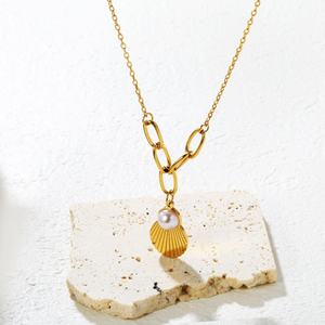 Collier en acier inoxydable, bijoux de mode plaqué or 18 carats, collier tendance avec pendentif coquillage, chaîne maillons, bijoux de plage et d'océan pour femme - Product Image 3