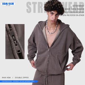 Sudadera con capucha de doble cremallera estilo vintage para hombre, con bajo sin rematar, patchwork, estilo lavado, forrada y oversize para invierno - Product Image 5