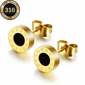 Boucles d'oreilles clous en acier titane à chiffres romains, boucles d'oreilles rondes à effet goutte d'huile noires, style rétro européen et américain, simples et originales - Product Image 5