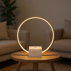 Lampe de table LED circulaire moderne en or avec base en marbre blanc, décoration d'intérieur, lumière chaude - Product Image 2